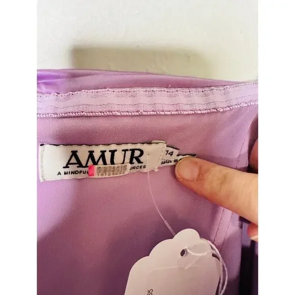 AMUR Purple Satin Sweetheart Neckline A-Line Stef Pleated Gown Dress Size 14 - Picture 9 of 16